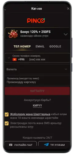 Pinco каттоо формасы